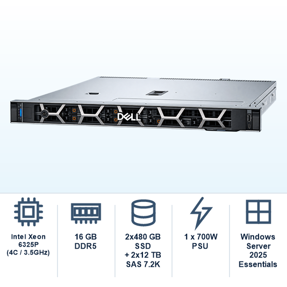 DELL PowerEdge R360 Intel Xeon 6325P (4C/3.5GHz) 16GB DDR5 2x480GB DELL SSD + 2x12TB DELL SAS 7.2K 12G (4x3.5'') H355 2x1Gb IDRAC BASIC 1x700W PSU 1U RACK + DELL Windows Server 2025 Essentials ROK Lisans