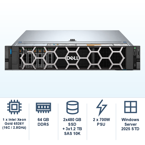 DELL Srv R760xs 1*Xeon Gold 6526Y (16C/2.8Ghz) 64GB DDR5 2x480GB DELL SSD + 3x1.2TB DELL SAS 10K (8x2.5'') PERC H755 2x1GbE iDRAC9 Ent. 2x700W PSU 2U Rack + Windows Server 2025 Standart 16 Core Lisans