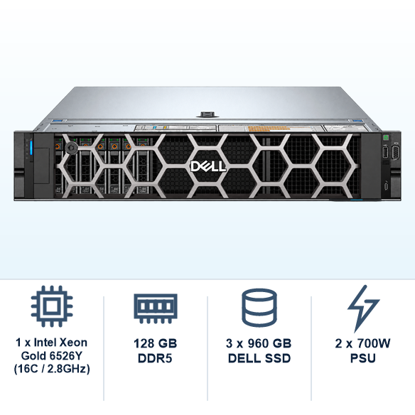 DELL Srv R760xs 1*Xeon Gold 6526Y (16C/2.8Ghz) 128GB DDR5 3x960GB DELL SSD (8x2.5'') PERC H755 2x1GbE iDRAC9 Ent. 2x700W PSU 2U Rack 3 Year Pro Support NBD Onsite Warranty